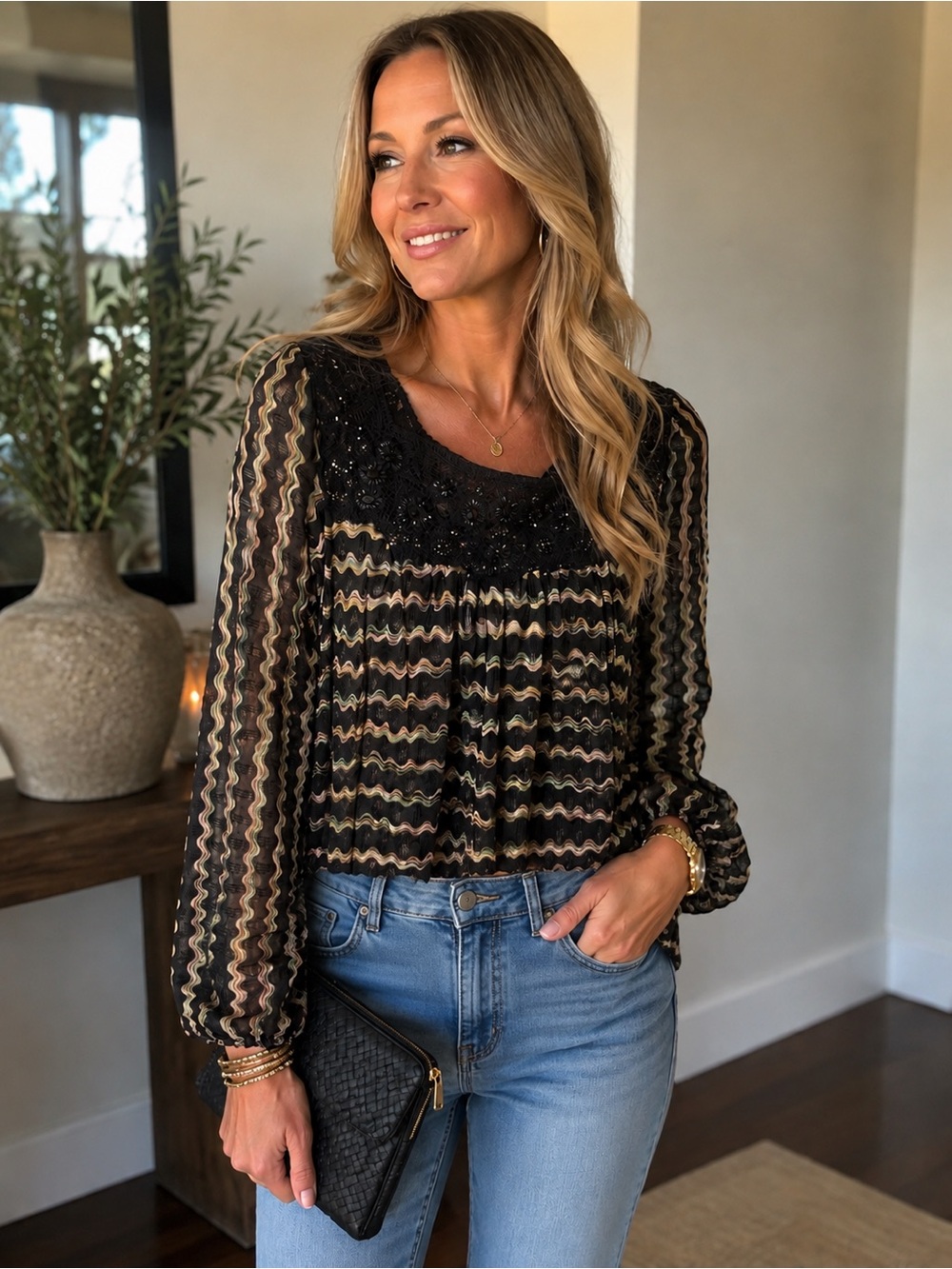 Free People Black and Beige Sheer Wavy-Stripe Blouse with Lace Yoke